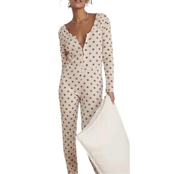 Free People Intimately Beige Print Waffle Knit Home Alone Long John’s Jumpsuit - Picture 3 of 16